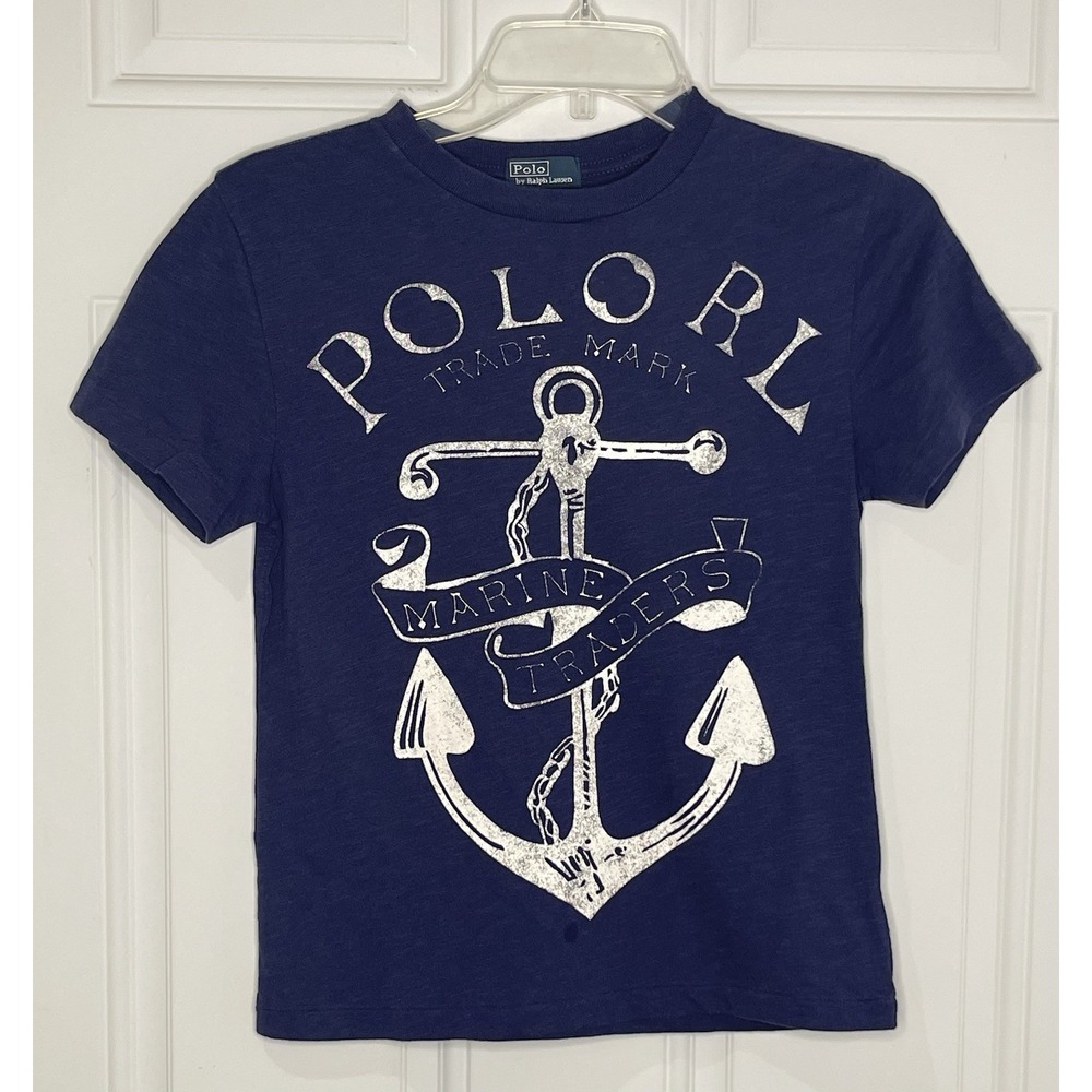 Polo Ralph Lauren Boys Small 8 Blue Anchor Graphic T-shirt Marine Preppy Coastal